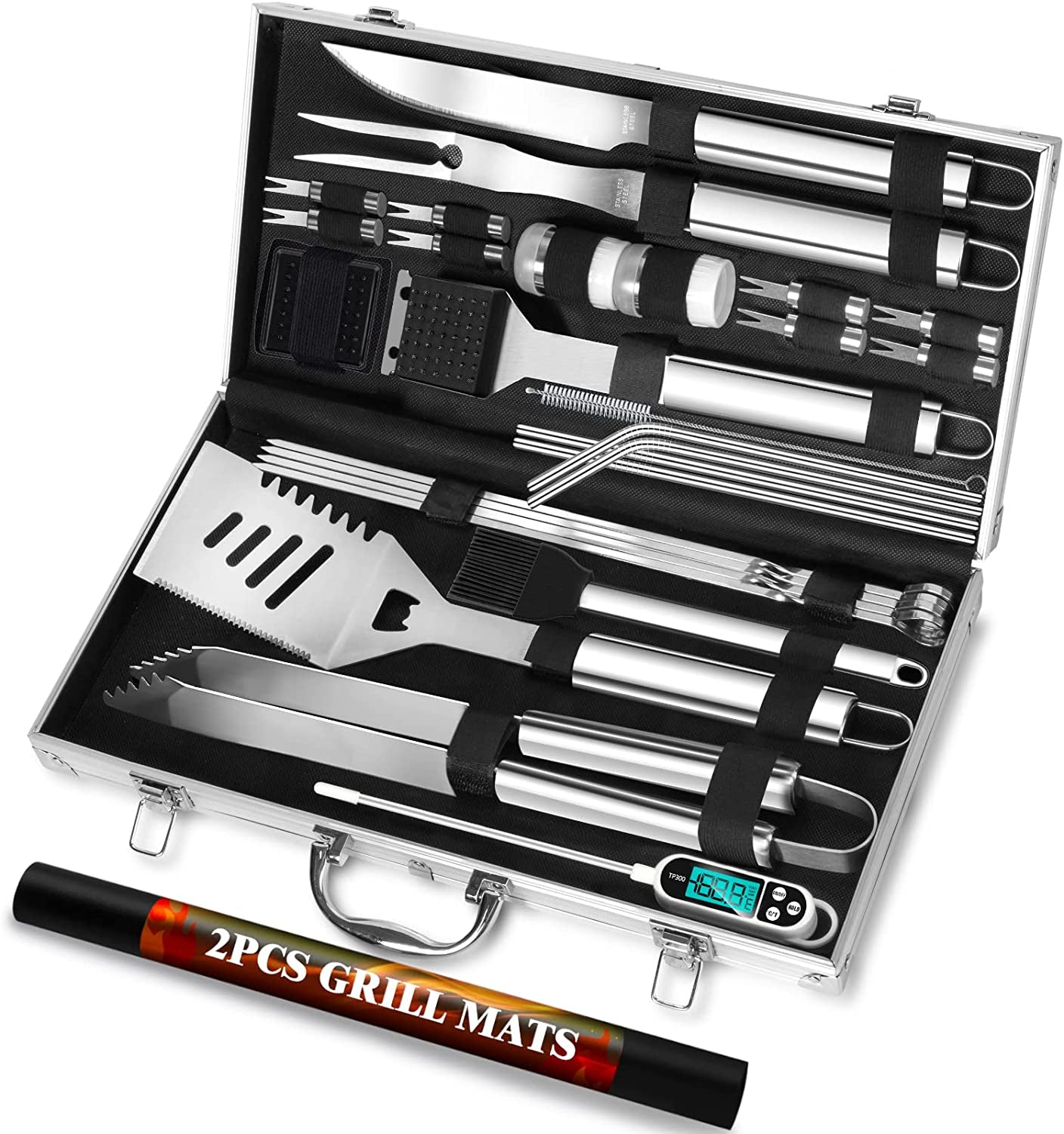 30Pcs Stainless Steel Grill Tool Set, Heavy Duty BBQ Grilling Accessories for Men Women, Non-Slip Grill Utensils Kit with Thermometer Mats in Aluminum Case for Outdoor, Camping Silver