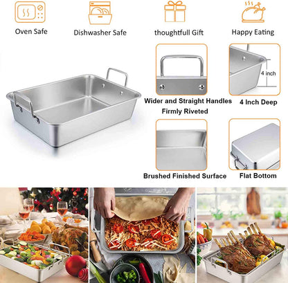 Teamfar Roasting Pan, 15 Inch Large Turkey Roaster Lasagna Pan with V Rack & Cooling Rack Set Stainless Steel for Thanksgiving Christmas, Healthy & Heavy Duty, Deep Side & Dishwasher Safe - 3 PCS
