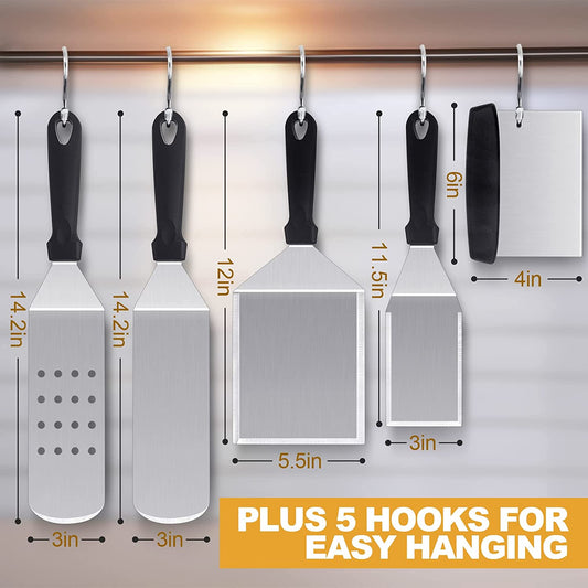 Griddle Accessories Kit of 5, Hasteel Heavy Duty Metal Spatula, Professional Stainless Steel Flat Top Griddle Tools Set, Pancake Flipper/Griddle Scraper/Hamburger Turner for BBQ Grilling Cast Iron