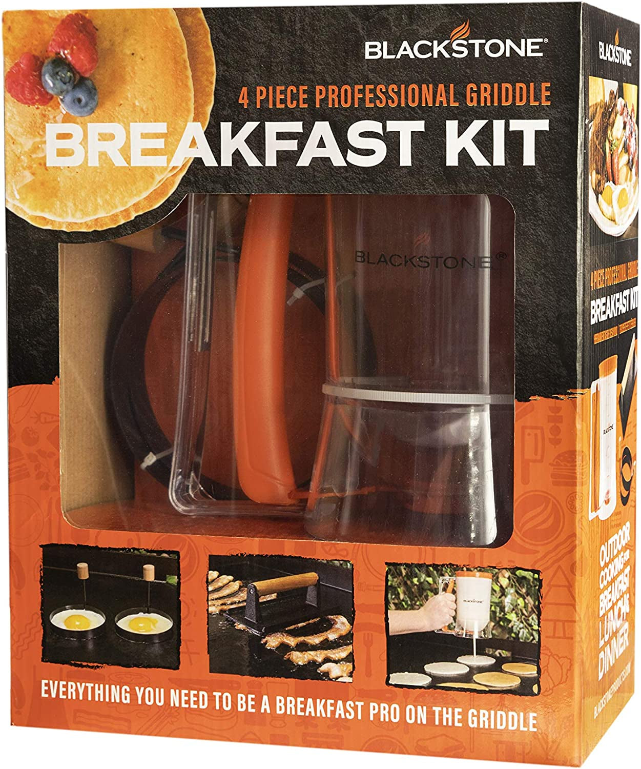 1543 Griddle Breakfast Kit 4 Piece Set Include Batter Dispenser, Bacon Press, Two Egg/Pancake Rings with Handle-Best Indoor-Outdoor Cooking Accessory, Multiple