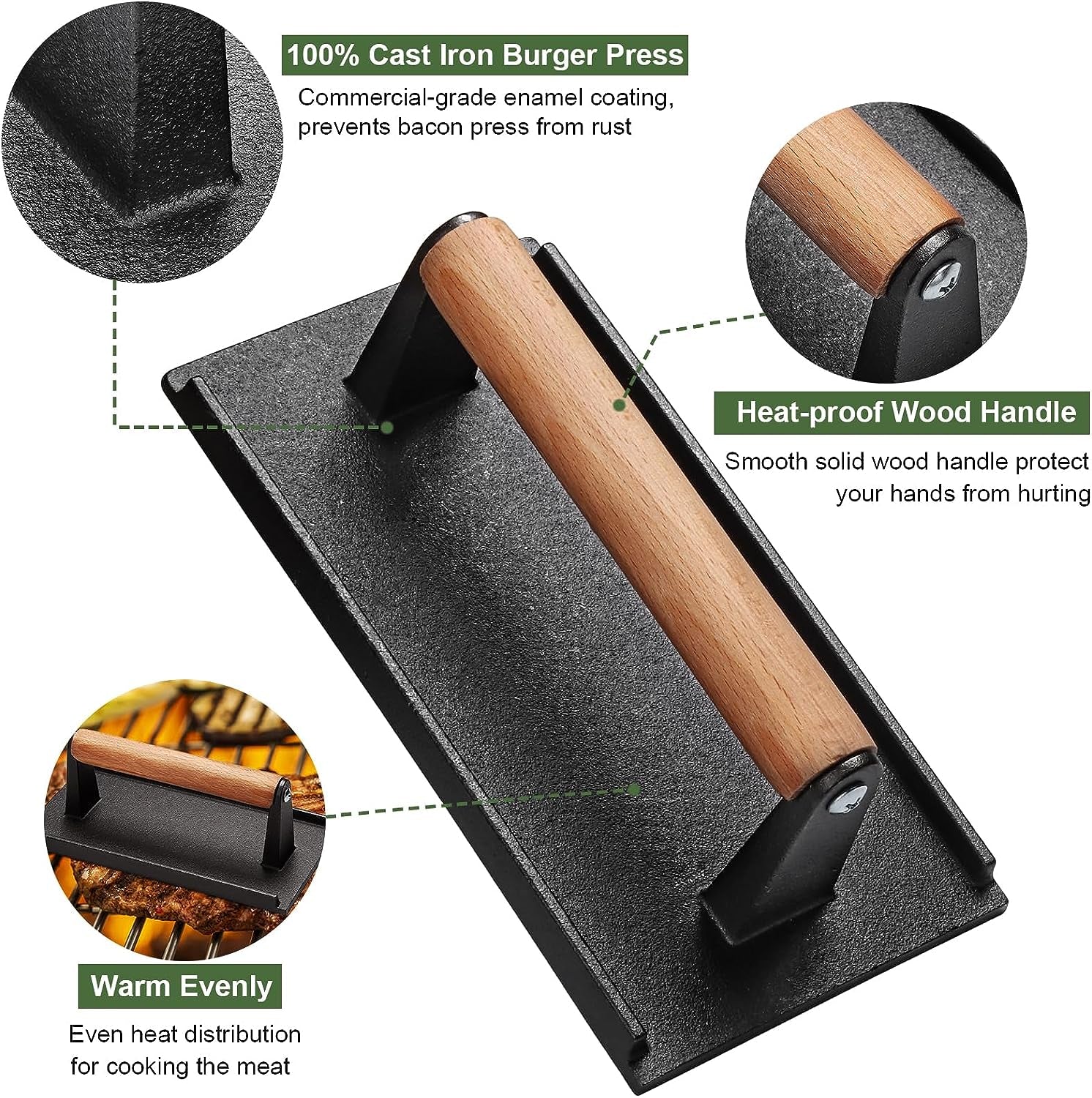 EWFEN Burger Press, 7" round & 8.2"X4.3" Rectangle Heavy-Duty Cast Iron Smash Bacon Press Meat Steak with Wood Handle for Griddle, Sandwich, Nonstick Pan