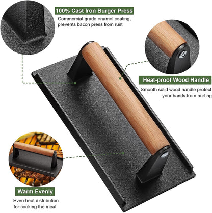 EWFEN Burger Press, 7" round & 8.2"X4.3" Rectangle Heavy-Duty Cast Iron Smash Bacon Press Meat Steak with Wood Handle for Griddle, Sandwich, Nonstick Pan