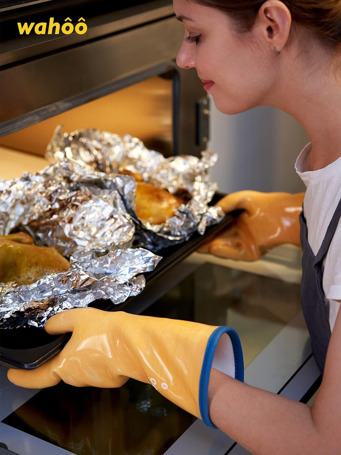 Wahoo Liquid Silicone Smoker Oven Gloves, Food-Contact Grade, Heat Resistant Gloves for Cooking, Grilling, Baking, Yellow, L/9
