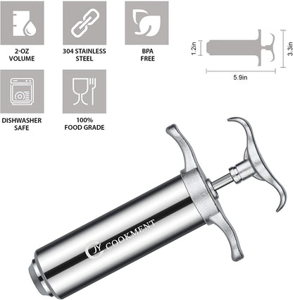 JY COOKMENT Meat Injector Syringe - Flavor Injector with 3 Stainless Steel Professional Needles;2Pcs Cleaning Brush for BBQ Grill Smoker 2-Oz Large Capacity Barrel