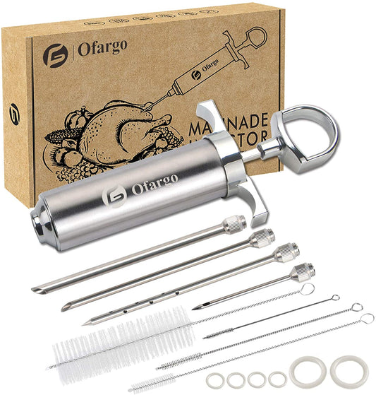Ofargo 304-Stainless Steel Meat Injector Syringe Kit with 4 Marinade Needles for BBQ Grill Smoker, 2-Oz Large Capacity, Both Paper User Manual and E-Book Recipe
