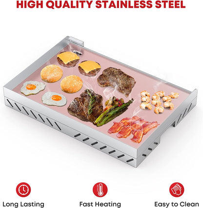 Universal Stainless Steel Grill Griddle with Even Heat Cross Bracing for BBQ Charcoal/Gas Grills, Camping, Tailgating, and Parties 18” X 12.5”