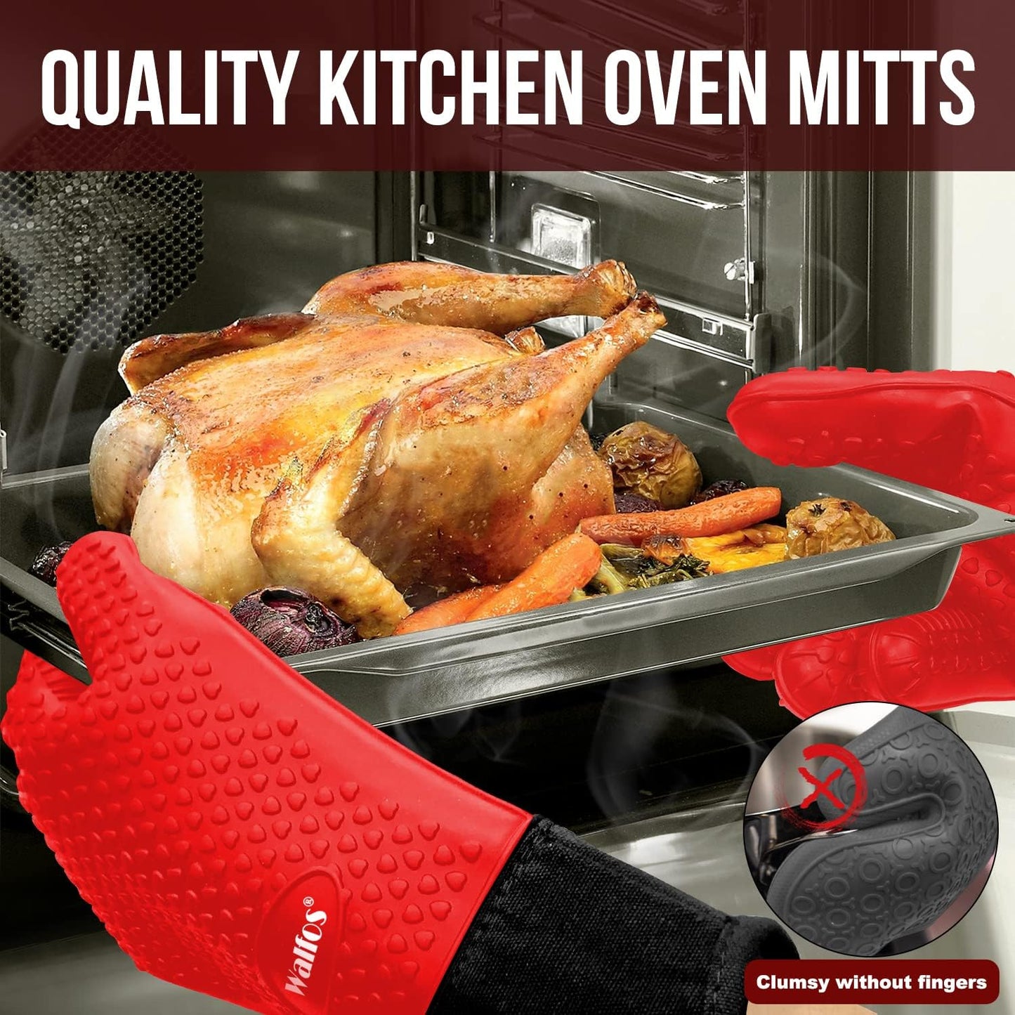 Silicone Grill and Cooking Gloves plus Pork Shredder Claws plus Silicone Basting Brush - Heat Resistant and Non-Slip, Safe Cooking and Grilling for Indoor & Outdoor, Superior Value Set (Red)