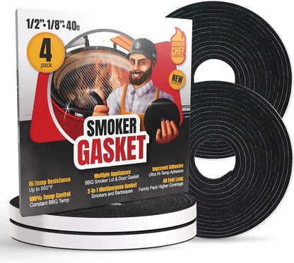 Smoker Chef XXL 40 FT Grill Gasket for Smokers - Black 1/2’’ X 1/8’’ Hi Temp Seal Smoker Gasket – 4-Pack X 10 FT Self Stick Black Nomex Fire Tape BBQ Lid – Bbq Grill Smoker Accessories Gifts for Men