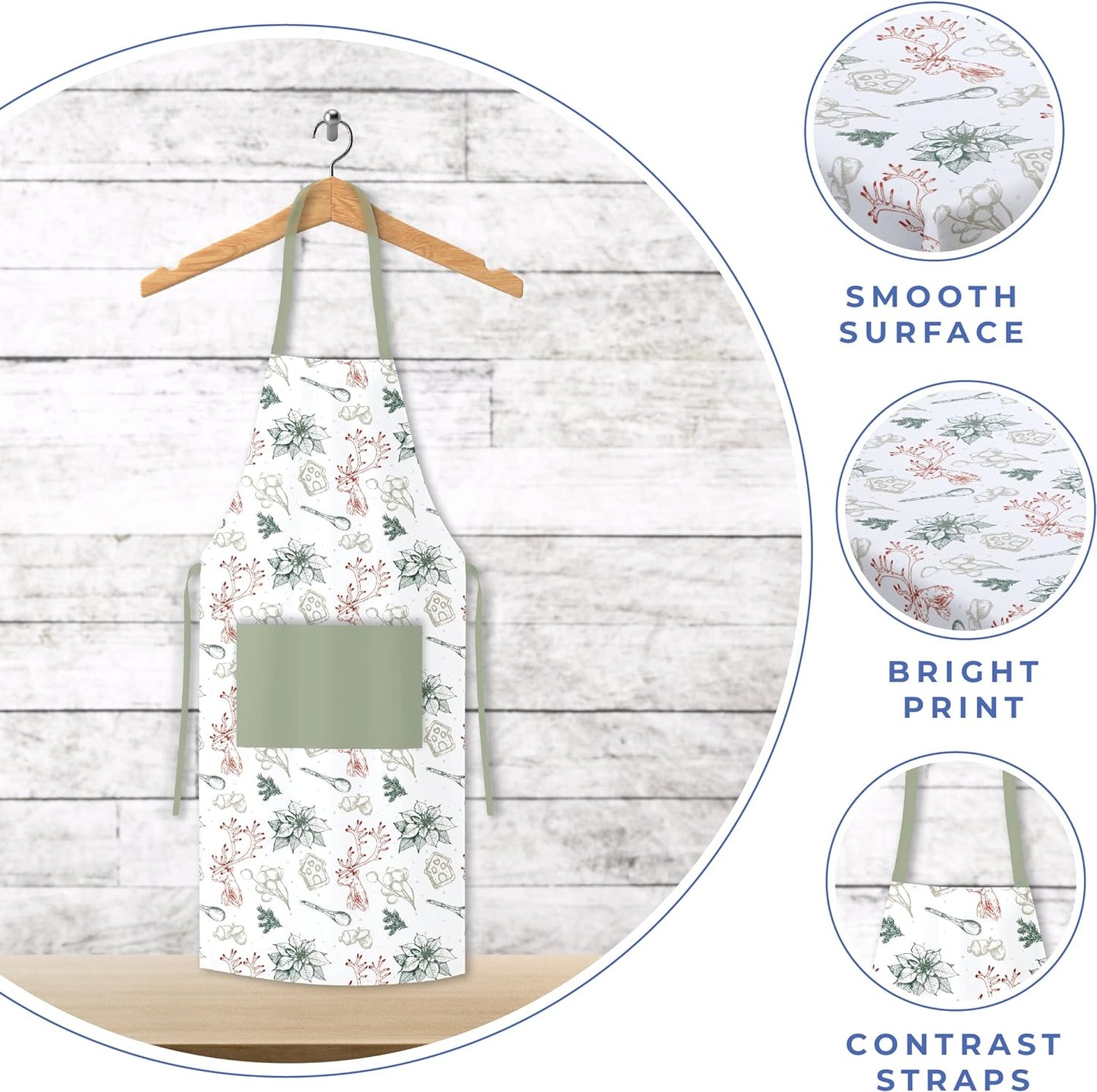 Chef Apron for Cooking, Baking, Grilling, Cleaning, Gardening, Serving - 100% Cotton with Adjustable Neck Strap, Front Pocket and Long Tie 4 Piece Green & Red