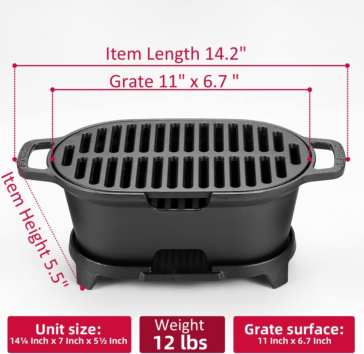 Mini Cast Iron Hibachi Grill, Tabletop Small Portable Charcoal Grill for Outdoor Camping, Japanese BBQ Grill Grate Surface 11" X 6.7 "