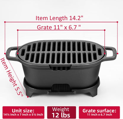 Mini Cast Iron Hibachi Grill, Tabletop Small Portable Charcoal Grill for Outdoor Camping, Japanese BBQ Grill Grate Surface 11" X 6.7 "