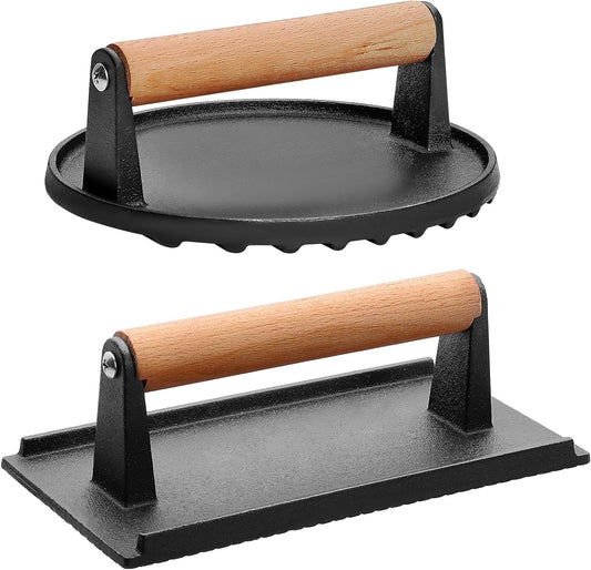 CEKEE 2PCS Burger Press, 7" round & 8.2"X 4.3" Rectangle, Heavy-Duty Cast Iron Grill Press with Wood Handle, Smash Burger Press Perfects for Blackstone Griddle, Flat Tops, Grills & Camp Chef