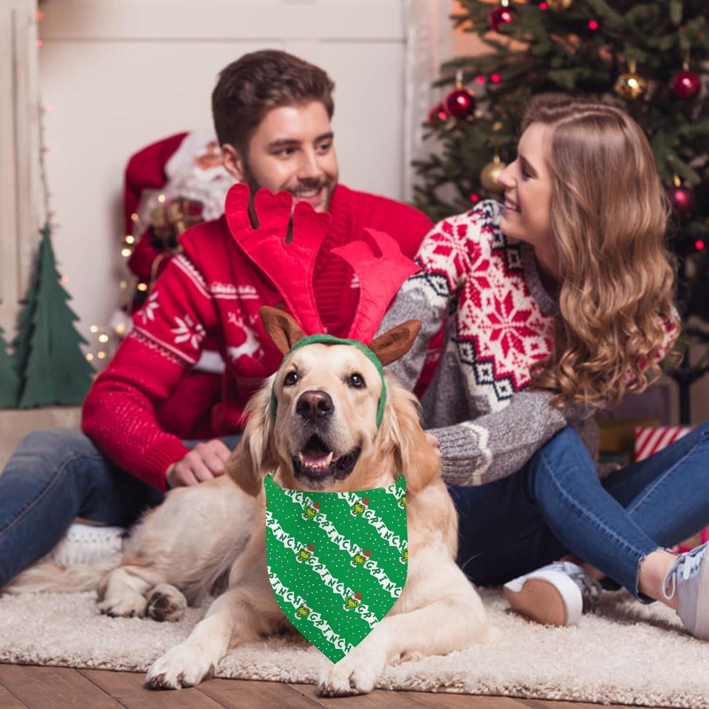 Christmas Dog Bandanas, Double Sided 2 Pack Holiday New Year Puppy Bandanas, Girnch Smile Square Dog Kerchief Merry Christmas Dogs Gifts (05)