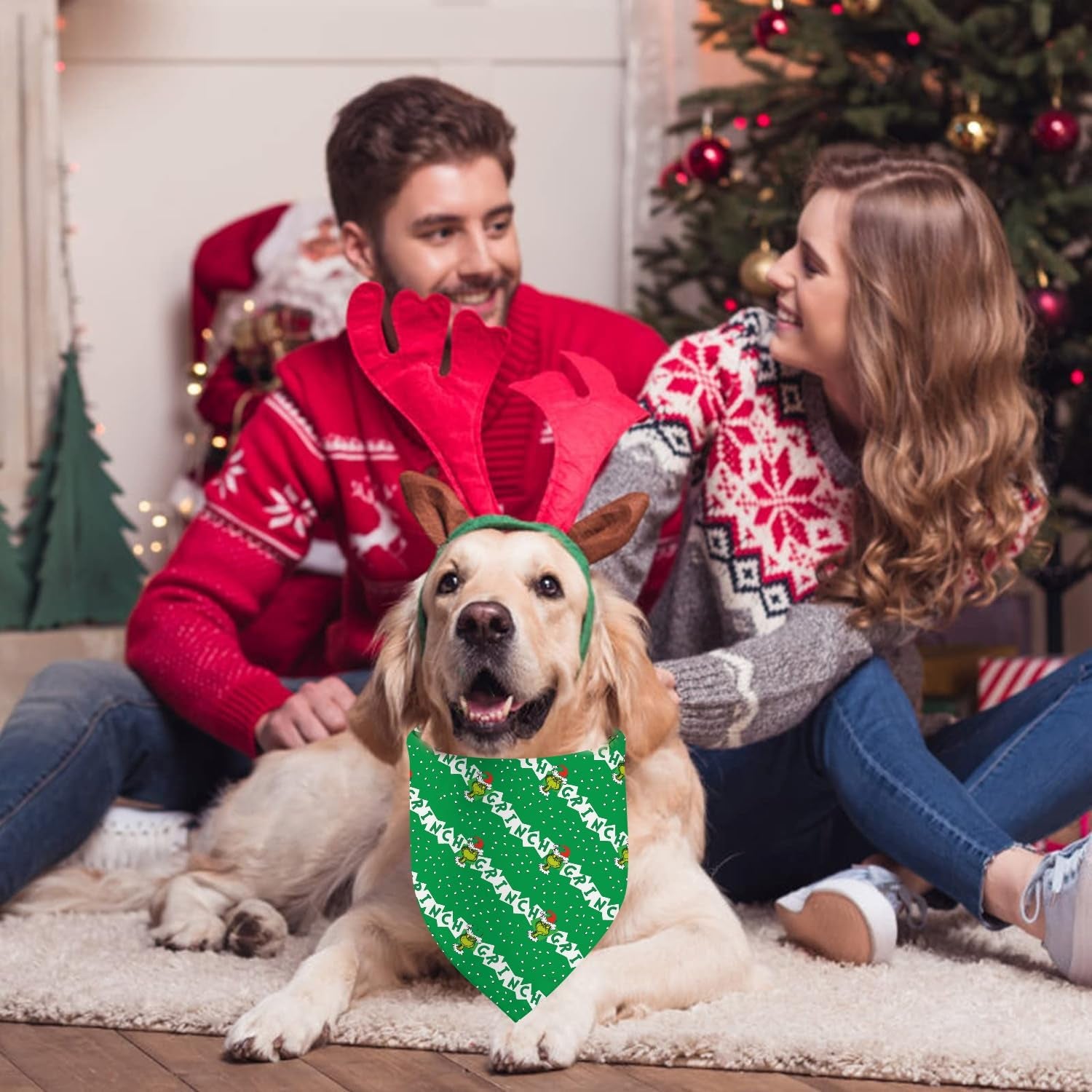 Christmas Dog Bandanas, Double Sided 2 Pack Holiday New Year Puppy Bandanas, Girnch Smile Square Dog Kerchief Merry Christmas Dogs Gifts (05)