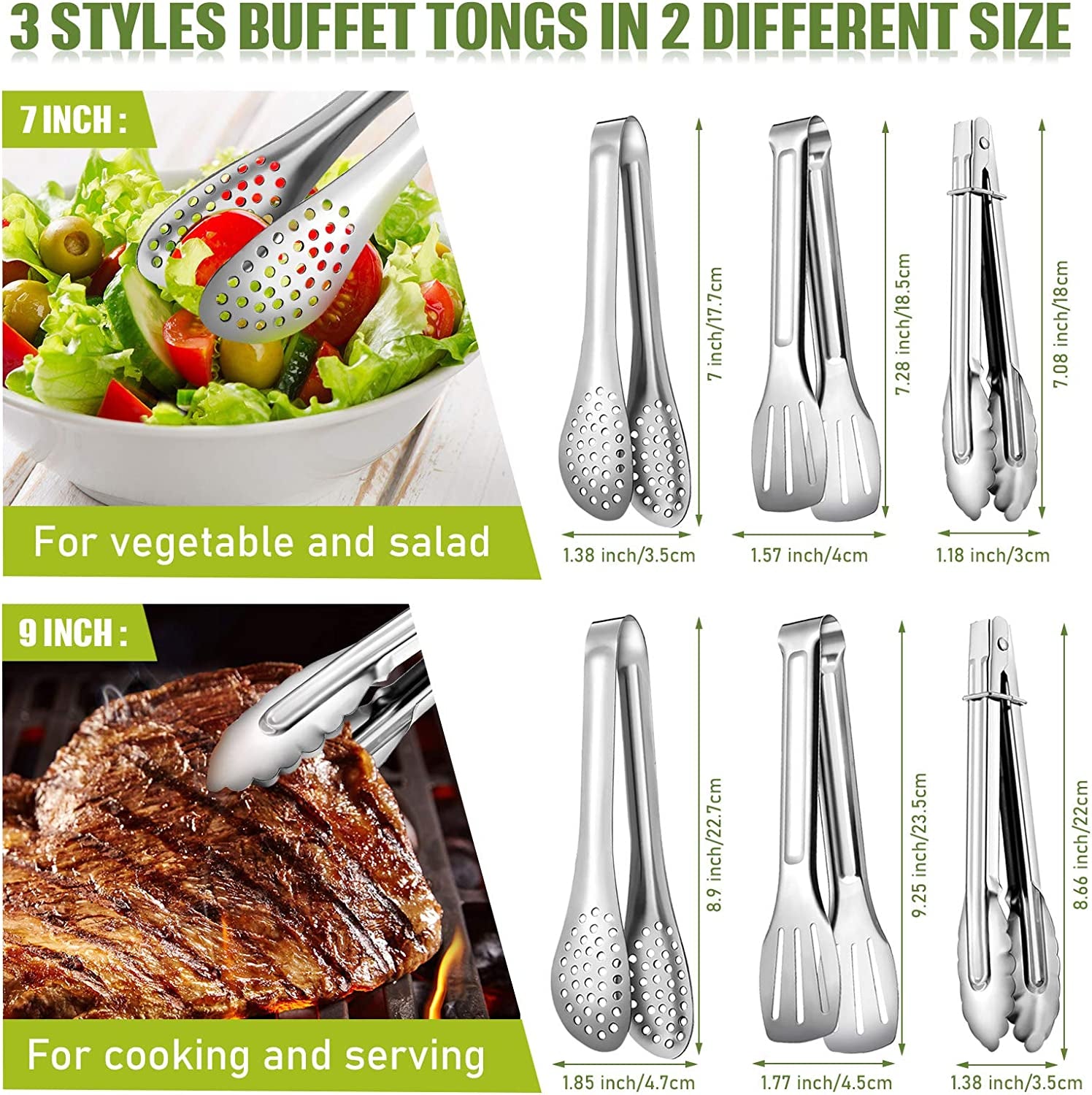 6 Pieces Buffet Tongs Set Stainless Steel Food Serving Tongs 3 Styles Rust-Resistant Locking Grill Food Tongs for Cooking, Grilling, Salad, Barbecue, Buffet, Kitchen (7 Inch, 9 Inch)