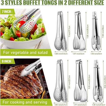 6 Pieces Buffet Tongs Set Stainless Steel Food Serving Tongs 3 Styles Rust-Resistant Locking Grill Food Tongs for Cooking, Grilling, Salad, Barbecue, Buffet, Kitchen (7 Inch, 9 Inch)