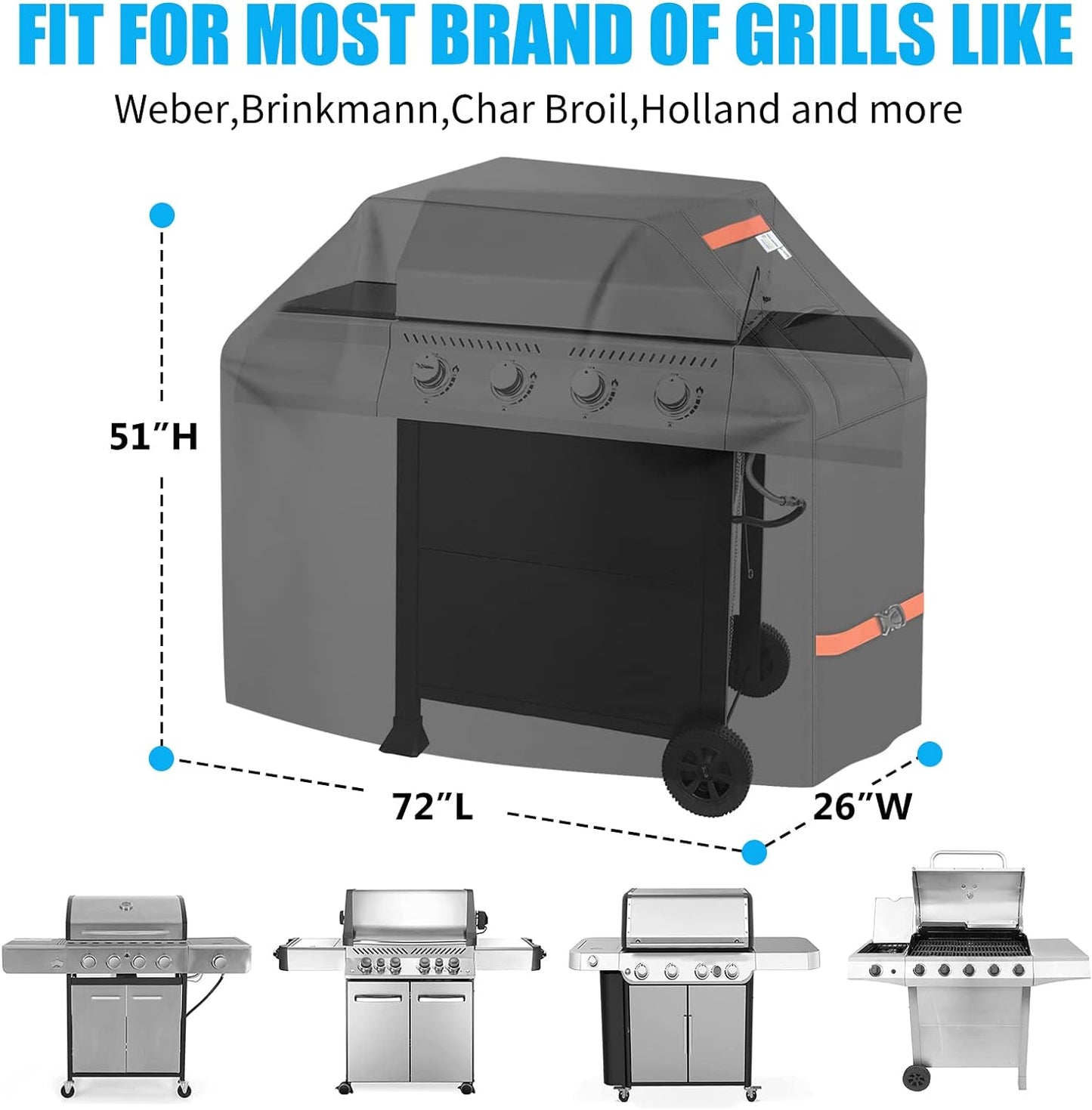 Grill Cover BBQ Grill Cover 600D Waterproof Heavy Duty Gas Grill Cover, UV & Dust & Rip-Proof, Barbecue Grill Covers for Weber, Brinkmann, Char Broil Grills(72" L X 26" W X 51" H, Black)