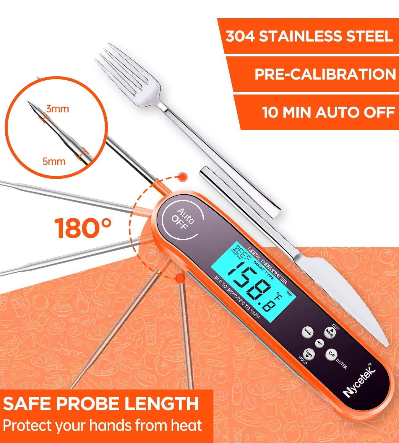 Digital Cooking Thermometer, Accurate & Waterproof Instant Read Meat Thermometer with Backlit, Calibration, Probe, Food Thermometer for Kitchen, Grilling, Candy, BBQ, Oil Fry, Baking and More