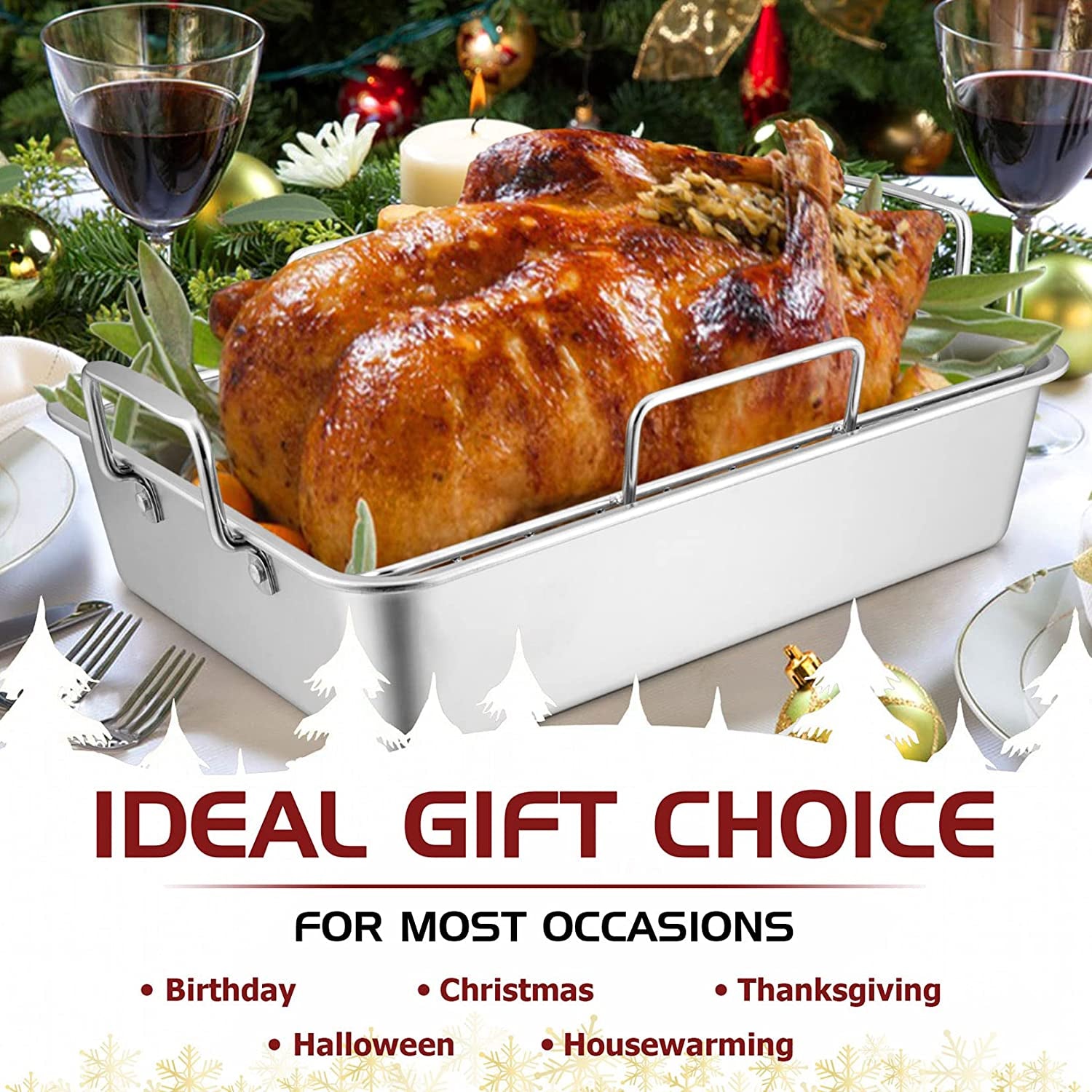 15.3’’ Roasting Pan with Racks, Joyfair 7 Pcs Stainless Steel Large Turkey Roaster Pan with Handle, Cooling Flat Rack/V-Rack, Meat Tenderizer/Claws and Brush, Heavy Duty & Multi-Use, Dishwasher Safe