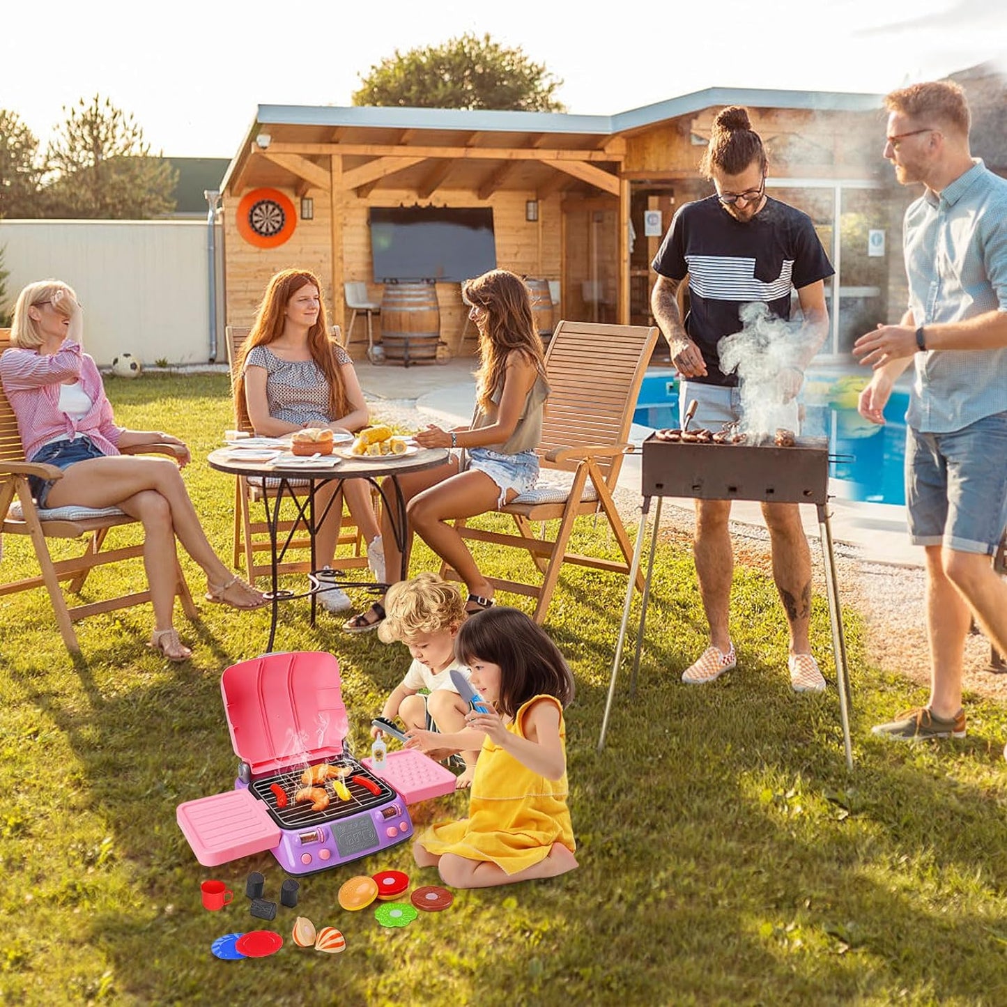 Kids BBQ Grill Playset with Smoke Sound Light Play Kitchen Set Age 3-5 4-8 Pretend Food Barbecue Cooking Toy for 2 3 4 5 6 Year Old Girl Birthday Gift