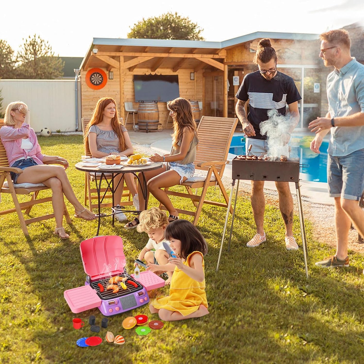 Kids BBQ Grill Playset with Smoke Sound Light Play Kitchen Set Age 3-5 4-8 Pretend Food Barbecue Cooking Toy for 2 3 4 5 6 Year Old Girl Birthday Gift