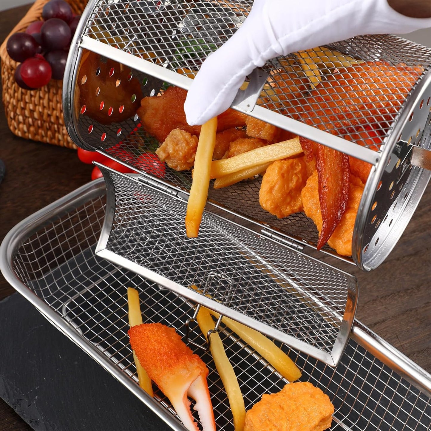 Angoily Oven Crisper Basket Rotating Grilled Cage Drum Oven Basket Kitchen Rolling Grill Basket Oven Roast Basket Roast Baking Cage for Barbecue Camping Outdoor Supplies Rotisserie Grill Basket