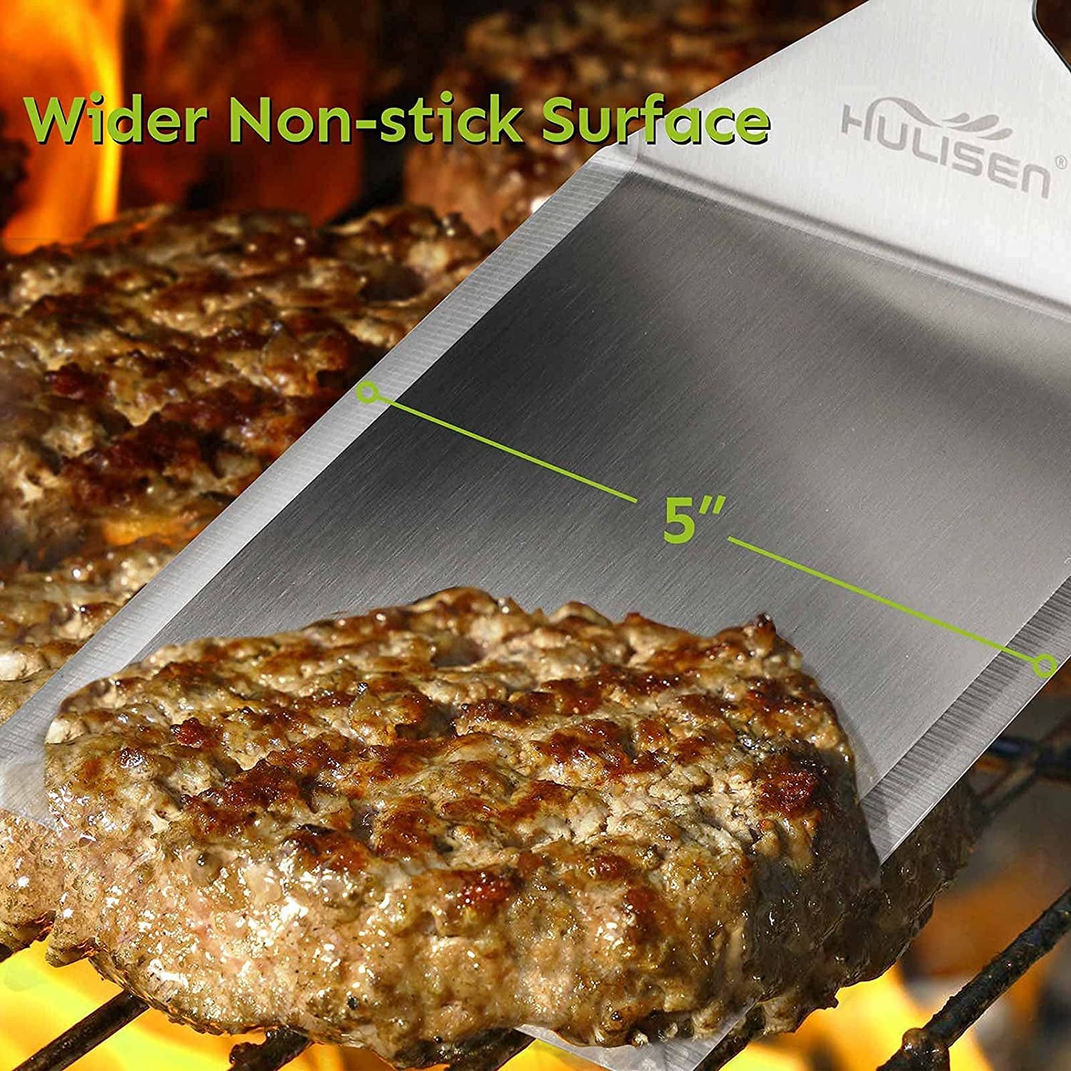 HULISEN Stainless Steel Large Grill Spatula - 6 X 5 Inch Heavy-Duty Metal Spatula with Cutting Edges, Kitchen Griddle Accessories, Smashed Burger Turner Scraper for BBQ Grill and Flat Top Griddle