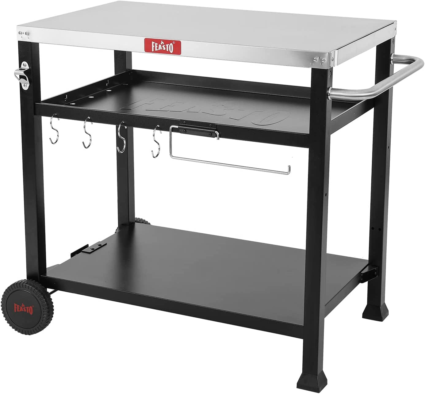 3-Shelf Movable Food Prep and Pizza Oven Table, BBQ Grilling Table, Home & Outdoor Multifunctional Stainless Steel Table Top Worktable on 2 Wheels, L39.5 X W25.6 X H33