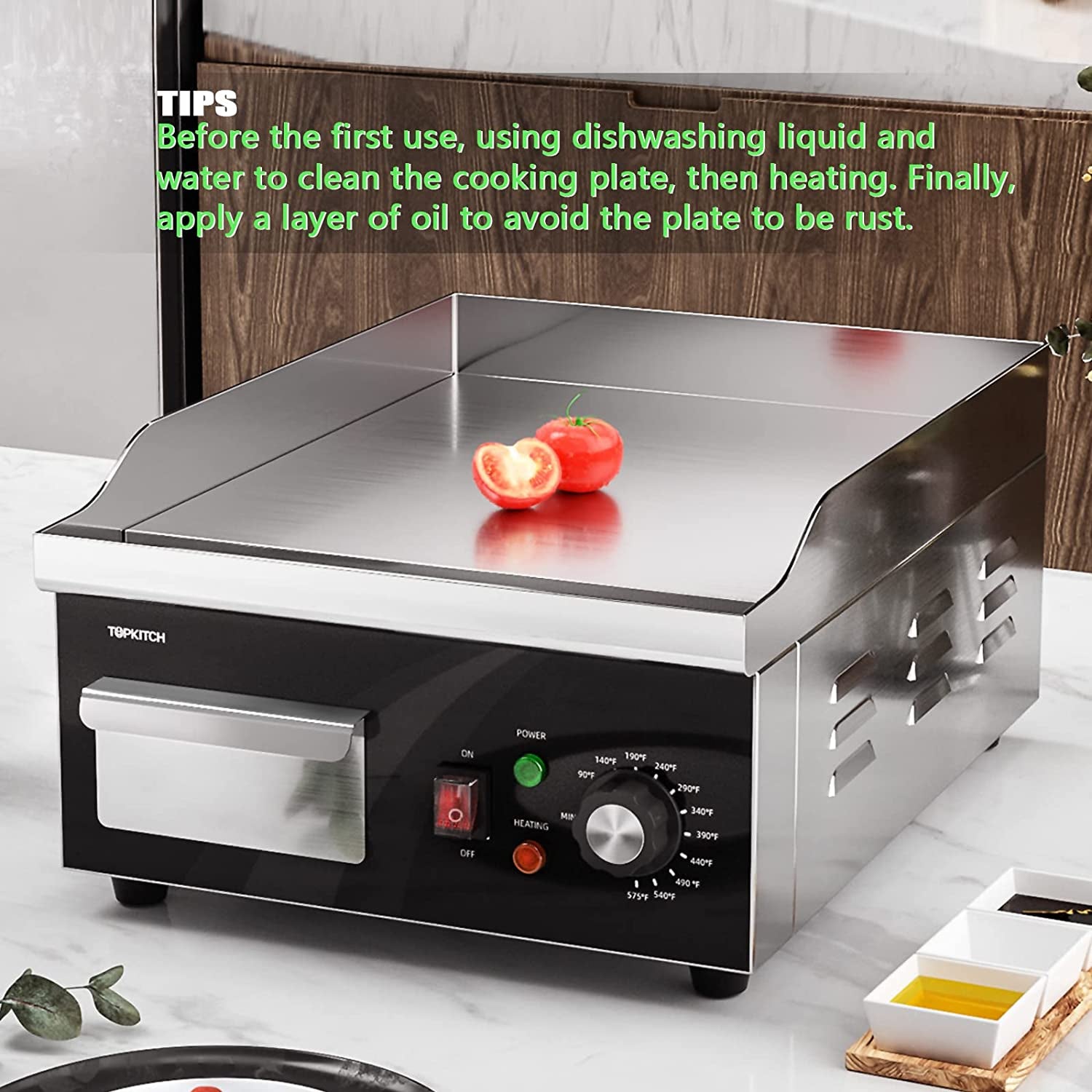 Electric Griddle, 14 Inch Flat Top Grill Commercial Electric Griddles Stainless Steel Adjustable Temperature Control 90℉-575℉ for Home or Restaurant Use
