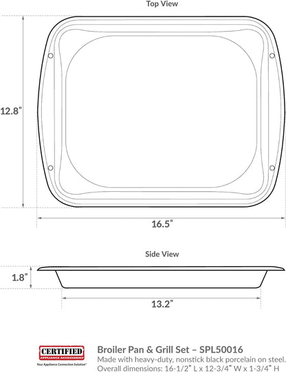 SPL50016 Large 2-Piece Broiler Pan & Grill Set Porcelain-On-Steel 16-1/2"X12-3/4"X1-3/4" Broiler Pan for Oven, Black