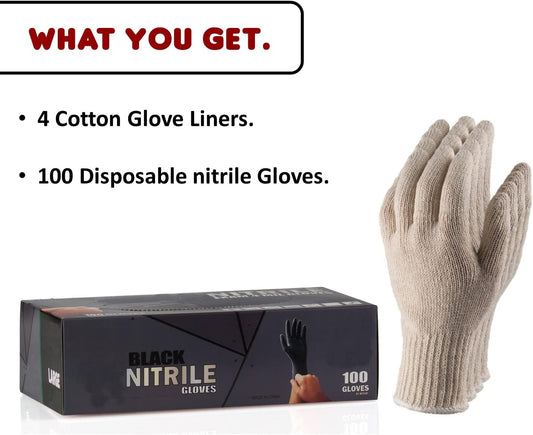 BBQ Gloves 4 Cotton Glove Liners and 100 Disposable Gloves Washable Cotton Liners Powder Latex Free Nitrile Gloves
