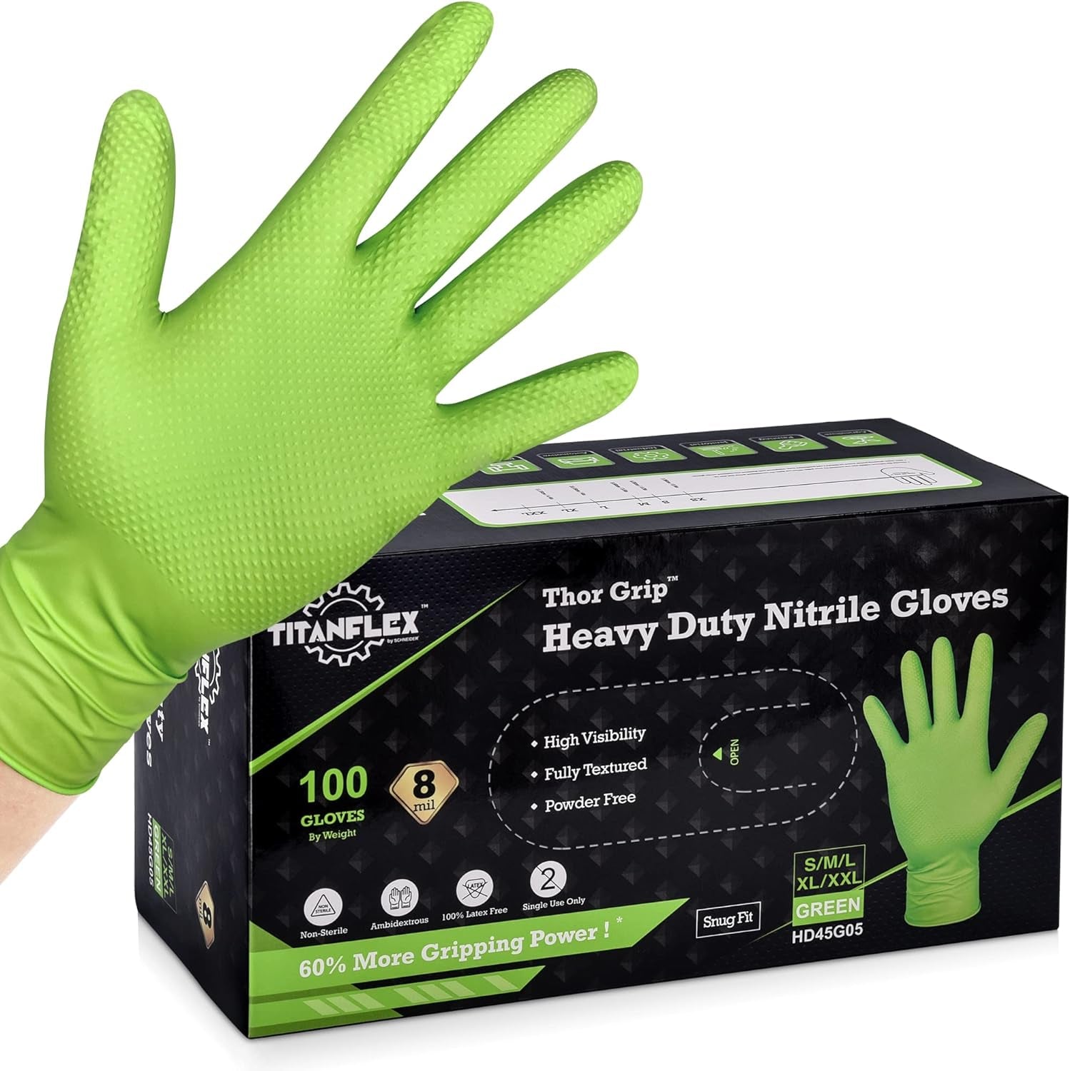 Thor Grip Heavy Duty Green Industrial Nitrile Gloves with Raised Diamond Texture, 8-Mil, Latex Free, 100-Ct Box