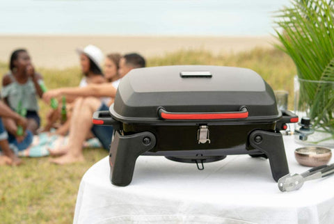 Image of 820-0065C 1 Burner Portable Gas Grill for Camping, Outdoor Cooking , Outdoor Kitchen, Patio, Garden, Barbecue with Two Foldable Legs, Red + Black