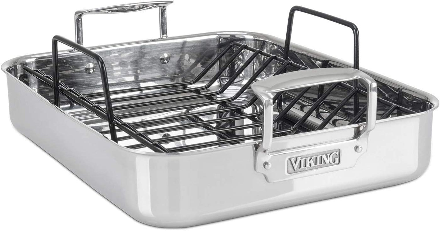 Viking Culinary 3-Ply Stainless Steel Roasting Pan, Includes a Nonstick Rack, Dishwasher, Oven Safe, Works on All Cooktops Including Induction