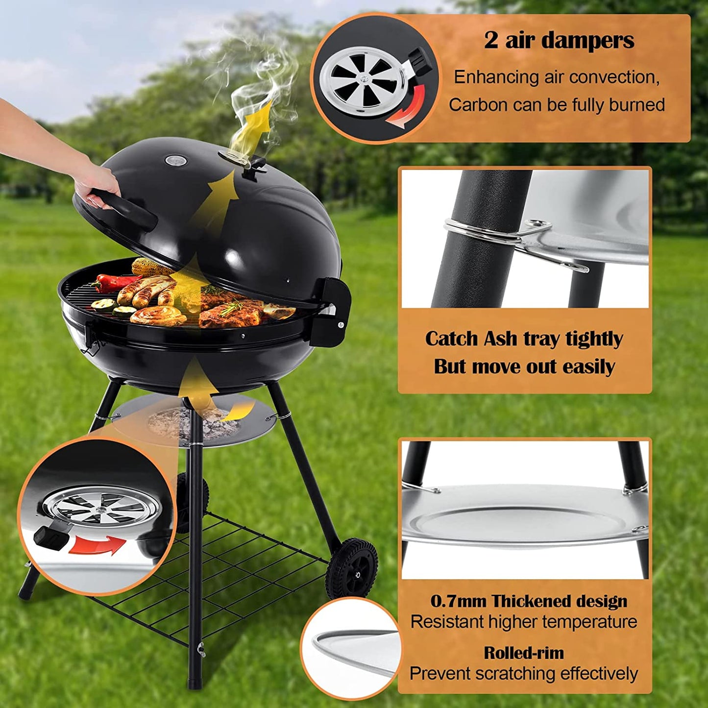 22-Inch Charcoal Kettle Grill Set of 12, Hasteel 2 Layer Grilling Racks Outdoor BBQ Grill, Heavy Duty Large Enameled Grills with Grilling Accessories for Camping Backyard Picnic, Barbecue Spatula