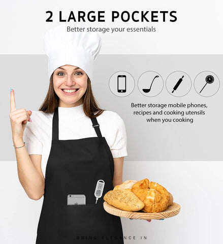 Image of 2 Pack Adjustable Bib Apron Thicker Version Waterdrop Resistant with 2 Pockets Cooking Kitchen Aprons for Women Men Chef, Black