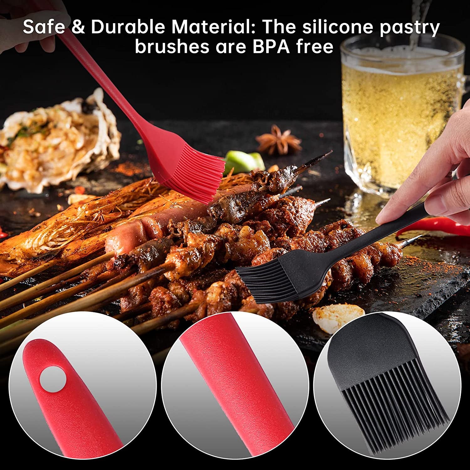 4 Pack Silicone Basting Pastry Brushes with 2 Wood Handle Culinary Oil Brushes, Heat Resistant Brush Set, Perfect for BBQ Sauce Barbecue Butter Grill Baking Kitchen Cooking, BPA Free & Dishwasher Safe