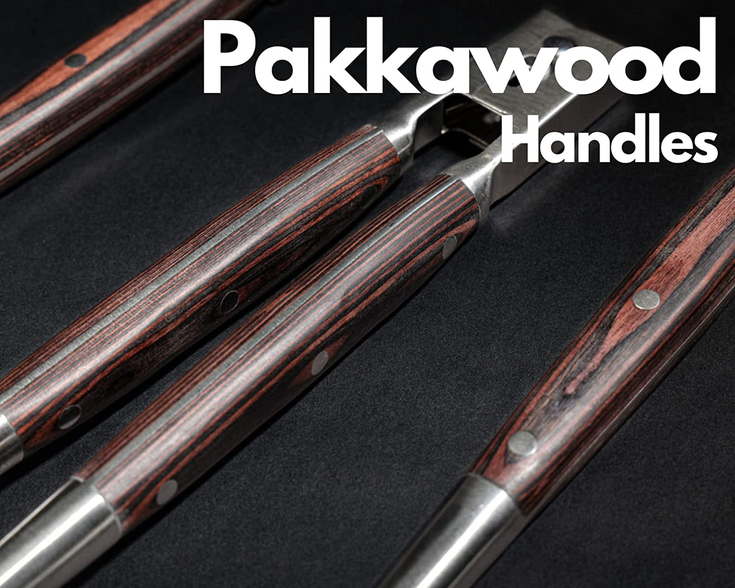 Premium Grilling Set - 5 Piece Heavy Duty Stainless Steel Grill Tool Set with Pakkawood Handles for BBQ Accessories, Tailgating, and Smoker Accessories