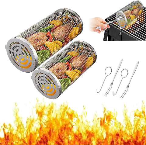 Image of 2PCS Rolling Grilling Basket - Rolling Grilling Baskets for Outdoor Grill, Stainless Steel Wire Mesh Cylinder Grill Basket, BBQ Accessories, Camping Barbecue Rack for Vegetables, Fish