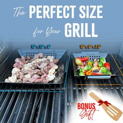 Grill Grilling Basket Set - Premium Accessories for Outdoor Grill - Perfect for Veggies and More! Enhance Your BBQ Experience with This Heavy-Duty Grill Basket - Includes Bonus Gift: Wooden Scraper - Must-Have  Grill Accessories for Grilling Enthusiasts