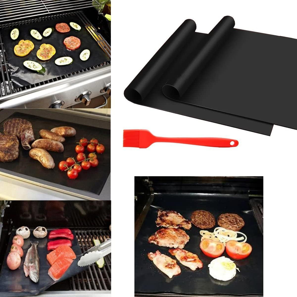 SJ Rose Grill MATS, 2 BBQ Grill MATS - Free BASTING Brush!, Reusable Grill & Baking Mat, Easy to Clean Grill Mat, Grilling Mats for Outdoor Grill, 2 BBQ Mat, Grill Mats for Outdoor Grill Nonstick