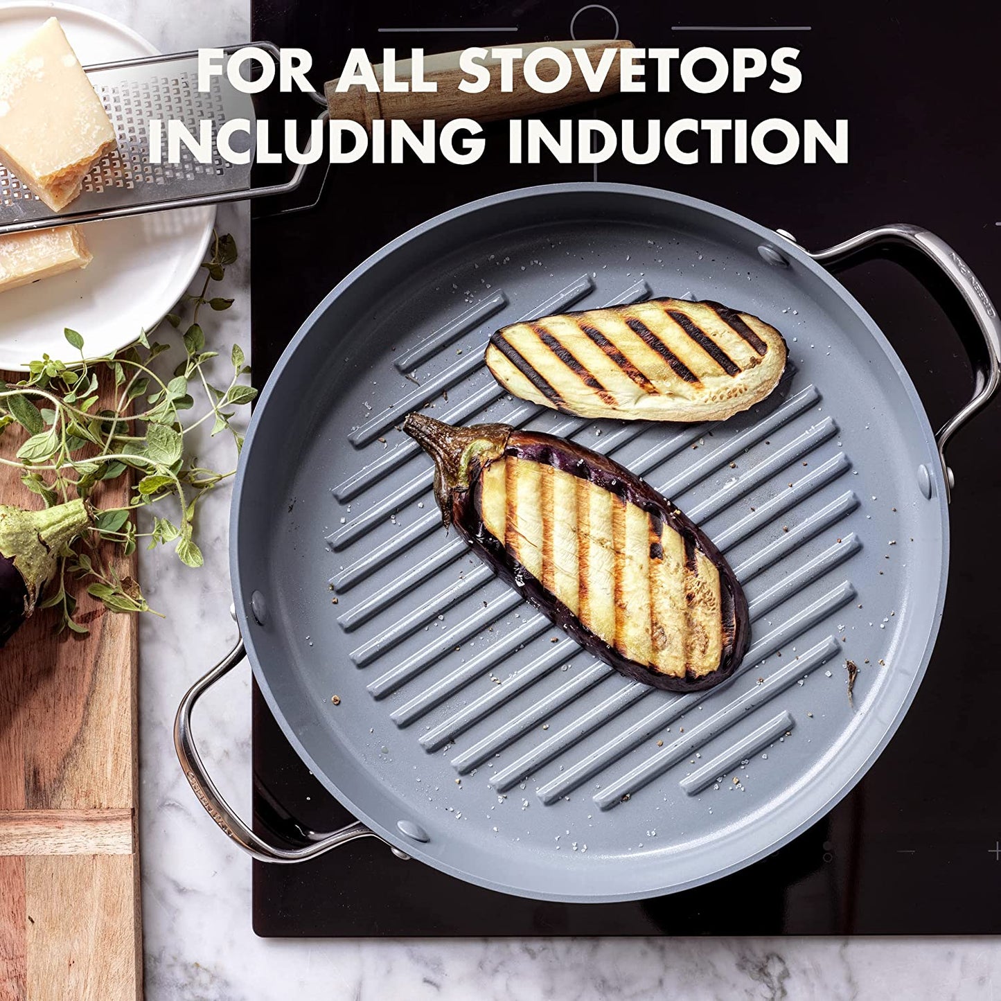 Valencia Pro Hard Anodized Healthy Ceramic Nonstick 11" Grill Pan, Pfas-Free, Induction, Dishwasher Safe, Oven Safe, Gray