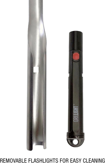 Grill Light Grill Spatula Tongs Grilling Mat Gift Set | Restaurant Grade Stainless Steel | LED Light to Grill in the Dark | Waterproof & Dishwasher Safe | Camping Barbecue Grilling Tongs Spatula