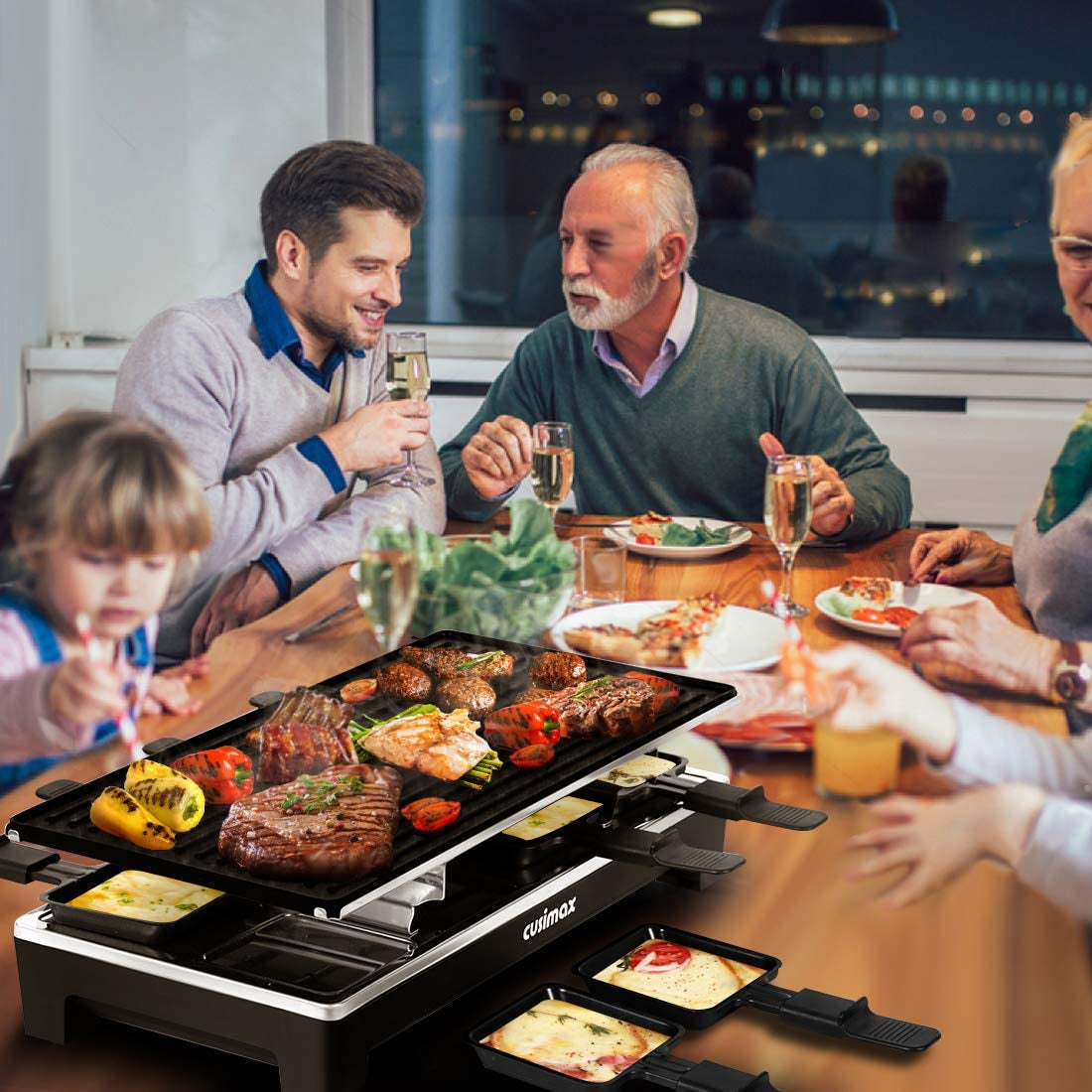 Raclette Grill Electric Grill Table Portable 2 in 1 Korean BBQ Grill Indoor & Cheese Raclette, Reversible Non-Stick Plate, Crepe Maker with Adjustable Temperature Control and 8 Paddles
