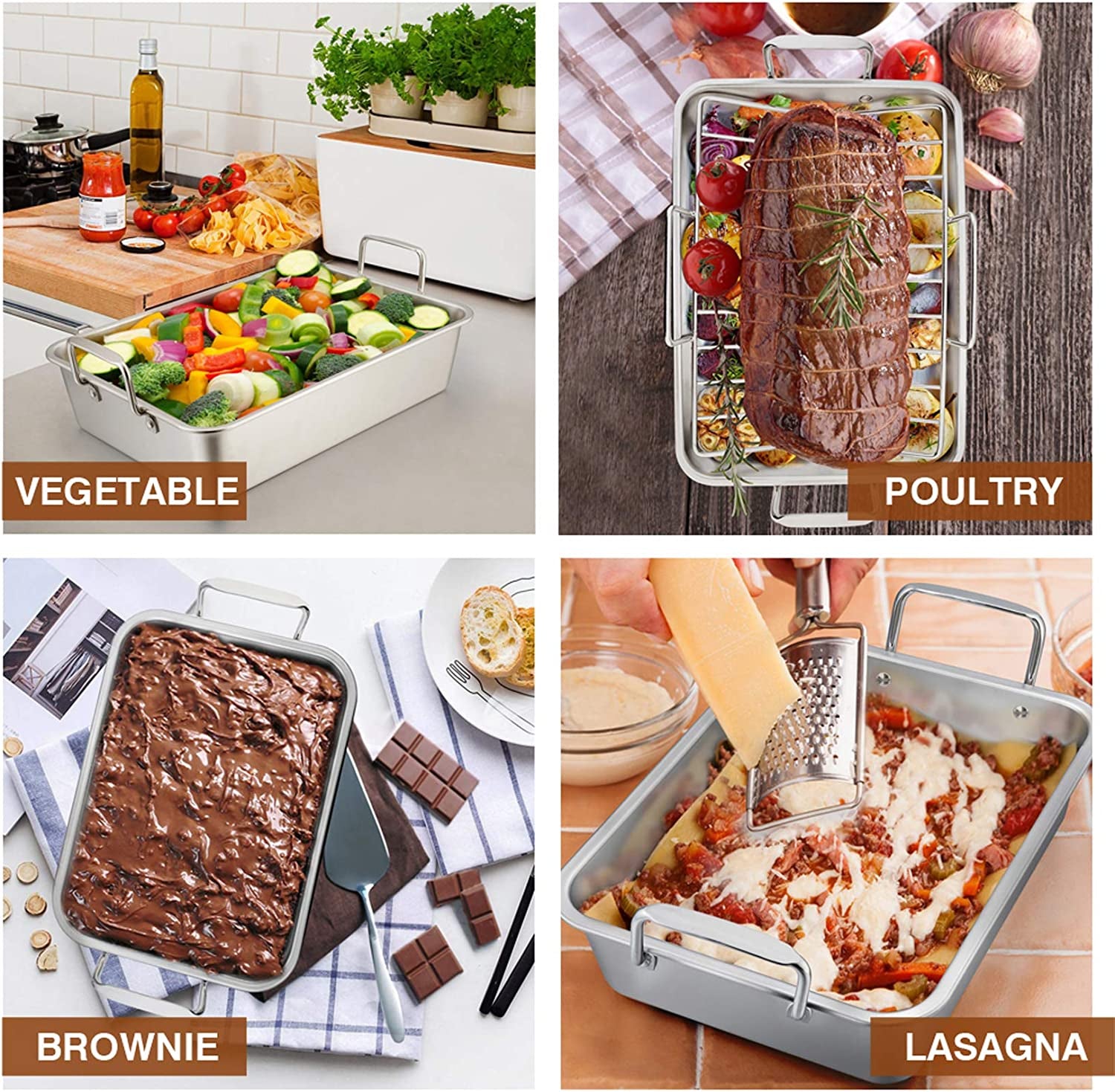 Roasting Pan with Rack, P&P CHEF 14 Inch Stainless Steel Roaster Lasagna Pan & V-Shaped Rack & Roasting Rack, Non Toxic & Heavy Duty, Brushed Surface & Dishwasher Safe, Rectangular