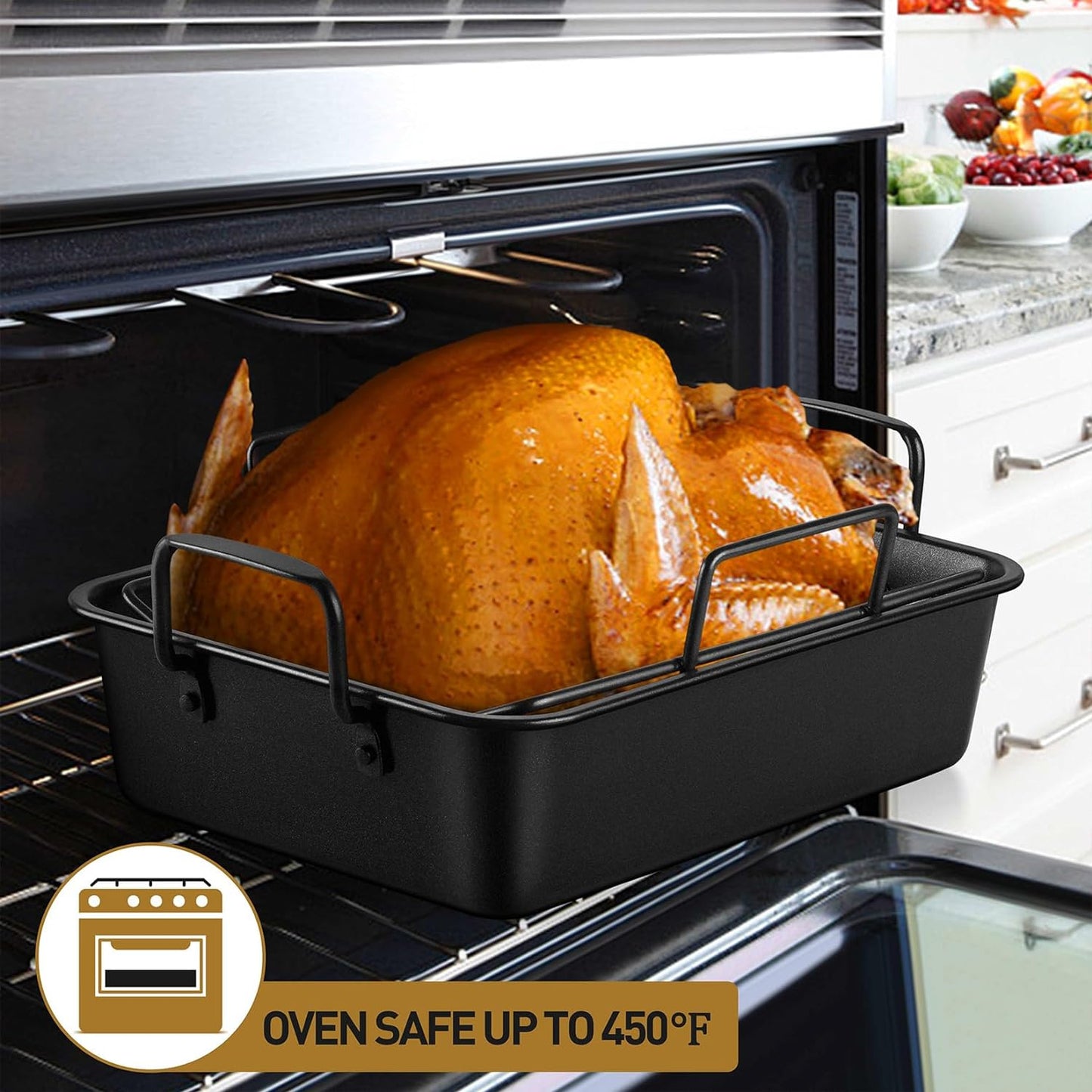 Large Roasting Pan with Rack Set of 3, P&P CHEF 15¼" Turkey Roaster Pan & V-Shape Baking Rack & Cooling Rack for Chicken Rib Lasagna Cookie, Nonstick Coating & Stainless Steel Core, Sturdy & Healthy