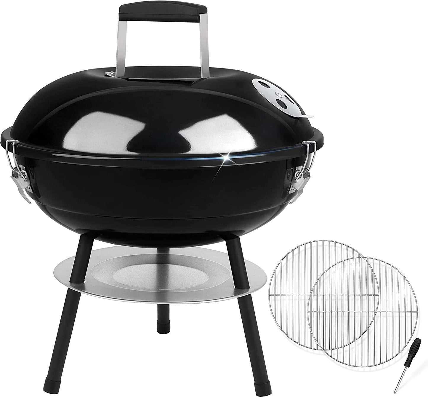 Joyfair Charcoal Grill with 2 Grilling Racks, 14In Small Portable BBQ Grill with Lid for Outdoor Camping/Patio/Backyard Barbecue/Tabletop Cooking, Enamel Coated & Dual Vent System, Black