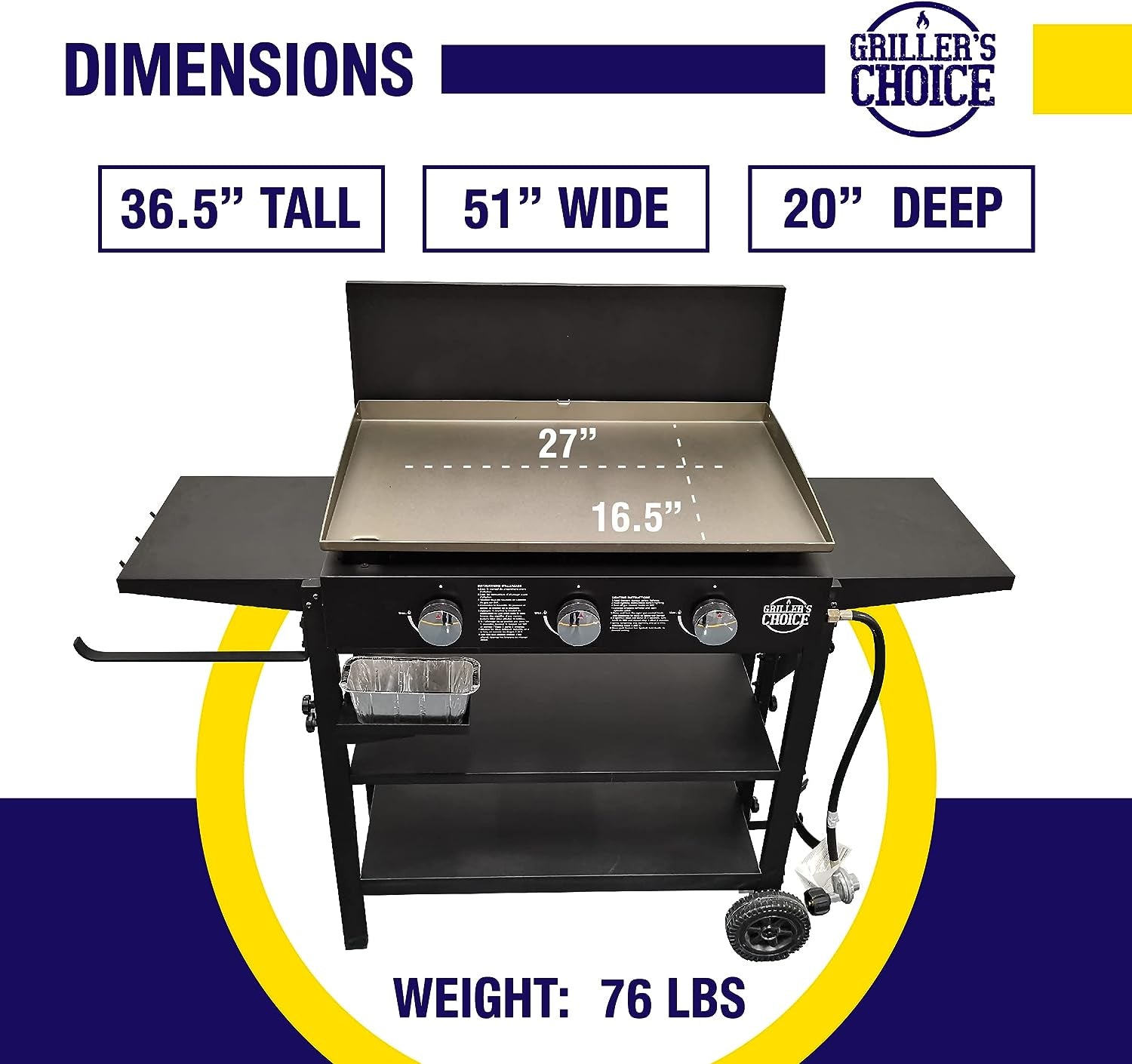 Outdoor Griddle Grill Propane Gas Flat Top - Hood Included, 4 Shelves, Disposable Grease Cups, 36,000 Btu'S, Large Cooking Area, Paper Towel Holder.