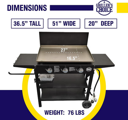 Outdoor Griddle Grill Propane Gas Flat Top - Hood Included, 4 Shelves, Disposable Grease Cups, 36,000 Btu'S, Large Cooking Area, Paper Towel Holder.