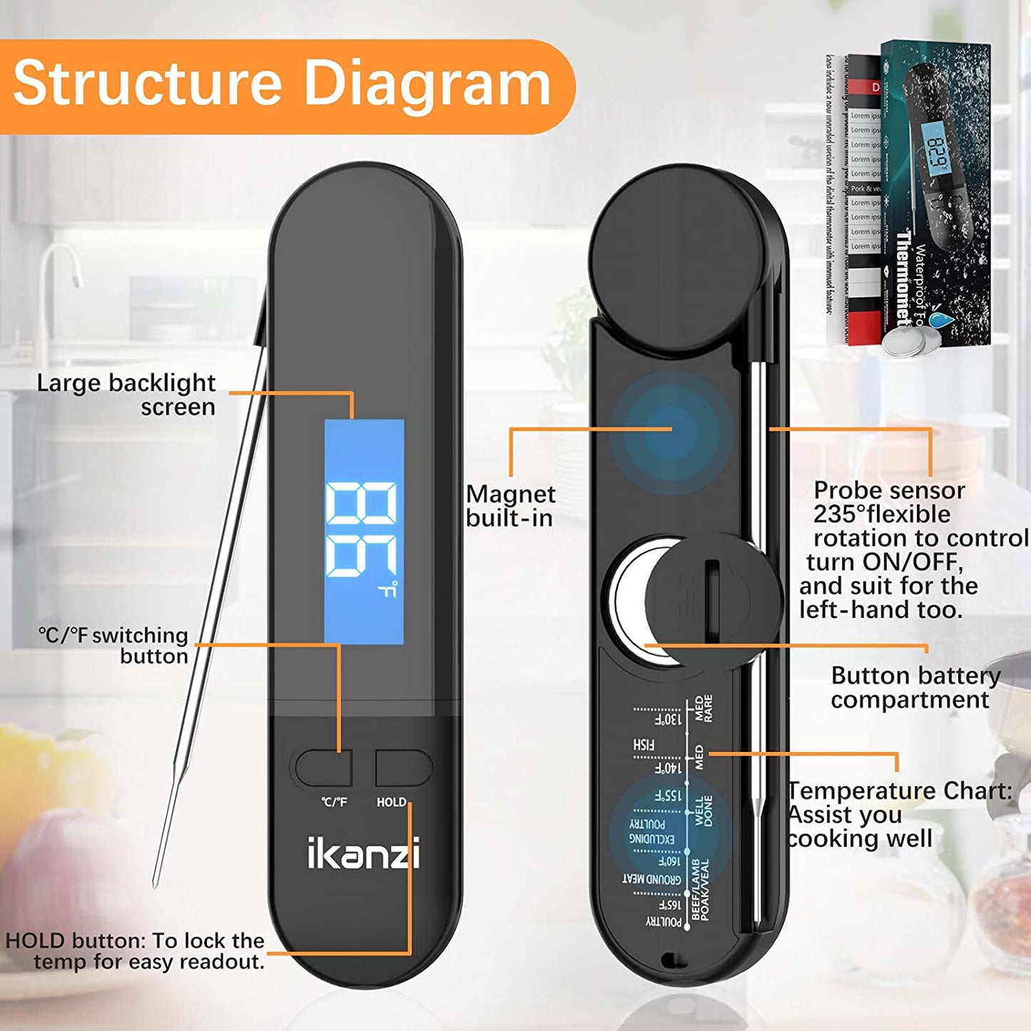 Meat Thermometer for Cooking Food Thermometer Digital Instant Read Kitchen Cooking Thermometer with Backlight LCD for Grilling/Bbq/Baking/Candy/Liquids/Oil (Black)